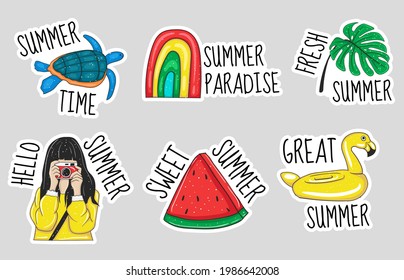 Colorida colección de pegatinas de elementos de verano dibujados a mano