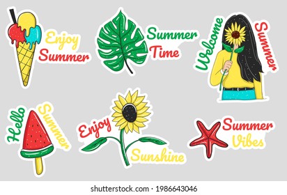Colorful Hand drawn summer element stickers collection