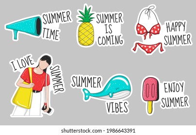Colorida colección de pegatinas de elementos de verano dibujados a mano