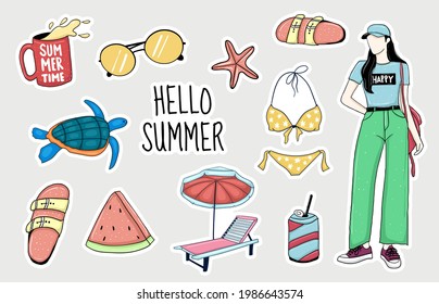 Colorful Hand drawn summer element stickers collection