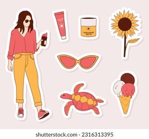 Colorful hand drawn summer stickers collection