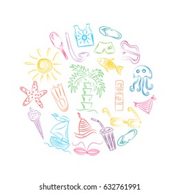 Colorful Hand Drawn Summer Symbols. Doodle Boats, Ice cream, Palms, Hat, Umbrella, Jellyfish, Cocktail, Sun Arranged in a Circle. Vector Illustration.