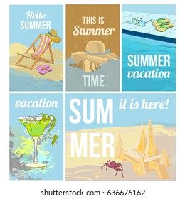 Colorful hand drawn summer vacation posters with recliner shell hat slippers sunglasses cocktail crab sand castle vector illustration