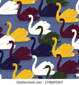Colorful hand drawn swan bird in the blue lake seamless pattern in vector EPS10 ,Design for fashion,fabric,web,wallpaper,cover,wrapping and all prints 