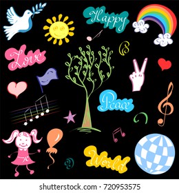 Colorful Hand Drawn Symbols of Peace. Doodle Drawings of Dove, Tree, Hearts, Sun, Rainbow..  Vector Illustration.