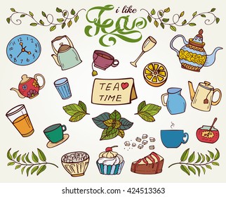 Colorful hand drawn tea time collection, vector doodle set with teapots, glass, cupcake, decoration, tea, mint, cup and sweets. Outline style on bright background