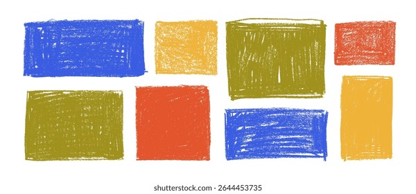 Colorful hand drawn text boxes with crayon texture. Childish drawn rough squares and rectangles. Cute memo stickers. Colorful charcoal geometric basic shapes. Various empty square shapes.