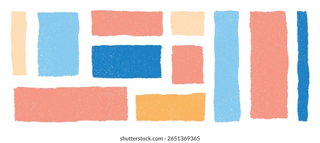 Colorful hand drawn textured rectangle blocks composition in abstract layout with pastel blue peach yellow beige and dark blue shades isolated on transparent background for modern graphic design