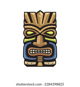 colorful hand drawn Tiki tribal wooden mask vector illustration. Design element for emblem, sign, poster, card, banner.