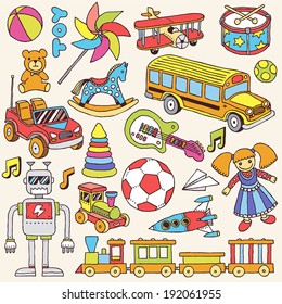 Colorful hand drawn toys set. Vector illustration.