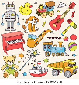 Colorful hand drawn toys set 2. Vector illustration.