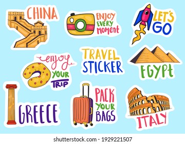 Colorful Hand Drawn Travel Stickers Collection