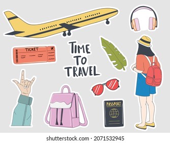 colorful hand drawn travel stickers collection