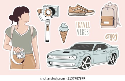 Colorful Hand drawn travel theme stickers collection