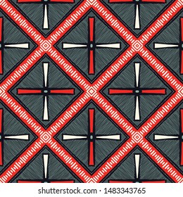 Colorful Hand Drawn Tribal African Diamonds, Crosses and Stripes Vector Seamless Pattern. Stylized Dense Ethnic Geo Cloth Textured Background. Graphic Print Perfect for Fashion Home Decor.