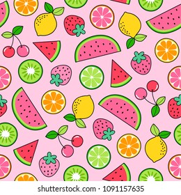 Colorful hand drawn tropical fruits seamless pattern on pink background