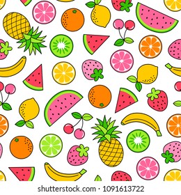 Colorful hand drawn tropical fruits seamless pattern on white background.