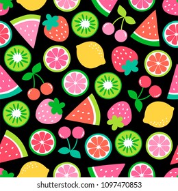 Colorful hand drawn tropical fruits seamless pattern on black background