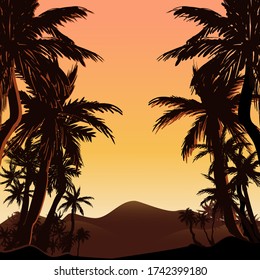 Colorful hand drawn tropical landscape background with sunset in exotic African or Asian country with palms silhouettes and mountains in desert.