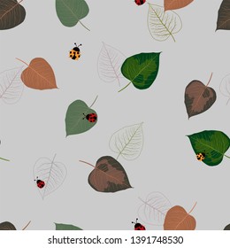 Colorful hand drawn tropical leaves with cute ladybugs seamless pattern,for decorative,apparel,fashion,fabric,textile,print or wallpaper,vector illustration