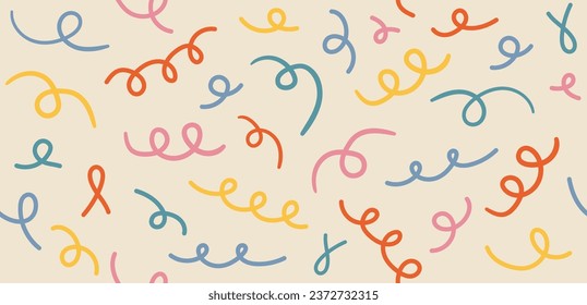 Colorful hand drawn twisted lines Y2K naive seamless pattern. Vector abstract doodle lines background in 70s groovy style for banners, posters, presentations