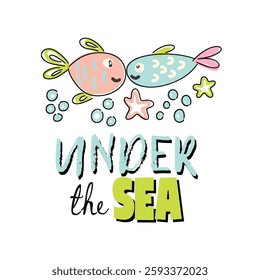 Colorful hand drawn underwater scene featuring kids and cheerful fish in a vibrant print design vector illustration