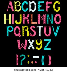 Colorful hand drawn unique alphabet. Letters A to Z plus punctuation marks. decorative font for postcard, placard, advertising, poster, book cover, title, apparel design.
