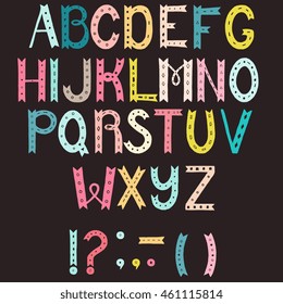 Colorful hand drawn unique alphabet. Letters A to Z plus punctuation marks. decorative font for postcard, placard, advertising, poster, book cover, title, apparel design.

