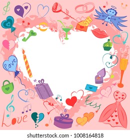 Colorful Hand Drawn Valentines Day Symbols. Children's Funny Doodle Drawings of Hearts, Gifts, Rings, Balloons and Candle. Vector Illustration.