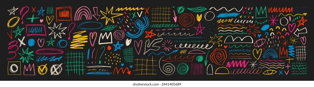 Colorful hand drawn various doodle shapes, pencil arrows, stars, hearts and crown. Charcoal pencil scribble lines for hand drawn diagrams, collages, design. Charcoal or crayon vector childish drawing.