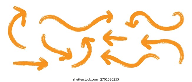 Las flechas de Vector dibujadas a mano coloridas garabatean sobre fondo blanco. flechas de tiza sobre fondo blanco. Símbolos de garabato de la Ilustración vectorial del elemento de diseño de dirección.	