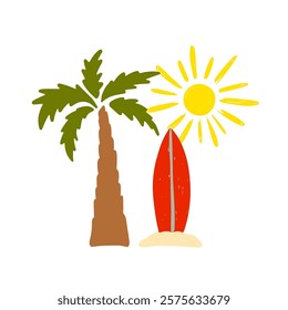 Colorful hand drawn vector art featuring a palm tree, sun, and surfboard by the beach vector illustration