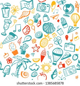 Colorful hand drawn vector doodle pattern of summer and media elements. Seamless pattern.