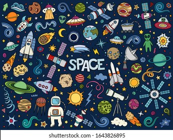 Colorful hand drawn vector doodle set of Space symbols and objects. Cartoon sketch illustration for postcard, banner, poster and etc.