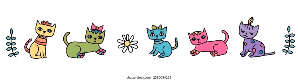 Colorful hand drawn vector doodle cats and floral graphic elements for kids and baby designs