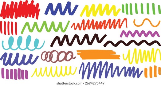 Farbiges handgezeichnetes Vektordoodle-Set. Sammlung von lebendigen Marker-Stiftschriften, Linien und abstrakten Formen