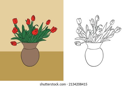 Colorful hand drawn vector drawing of a beautiful bunch of tulips