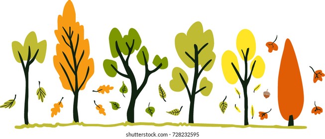 colorful hand drawn vector fall autumn trees with falling leaves.