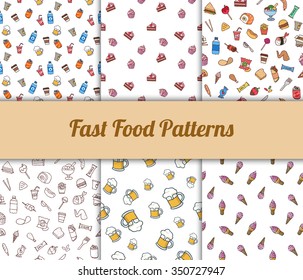 Colorful hand drawn vector fast food seamless patterns set