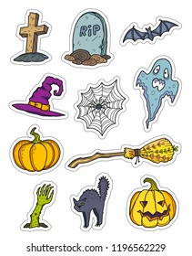 Colorful hand drawn vector Halloween symbols stickers set.