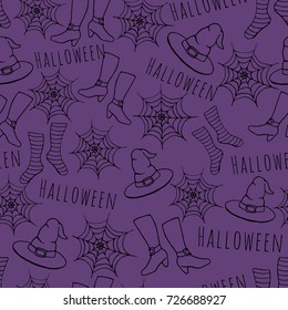 Colorful hand drawn vector halloween seamless pattern on the purple background. Includes contours of witches hat, stockings, shoes and spider webs.