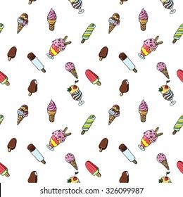 Colorful hand drawn vector ice cream with leaves, berries and candys seamless pattern