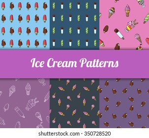 Colorful hand drawn vector ice cream seamless patterns set