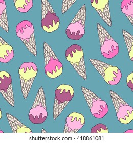 Colorful hand drawn vector ice cream seamless pattern.