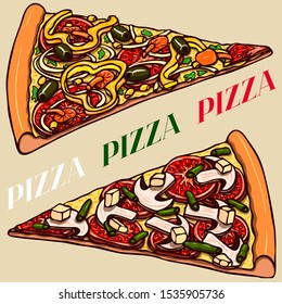 Colorful hand drawn vector illustration with realistic vegan pizza slices and lettering. Good for using in cafe, pizzeria or bakery. Vegetarian pizza
