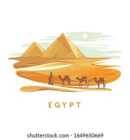 Colorful hand drawn vector illustration pyramids of Giza with camels on backdrop, Egypt hand drawn in white background. Design for the touristic agency.