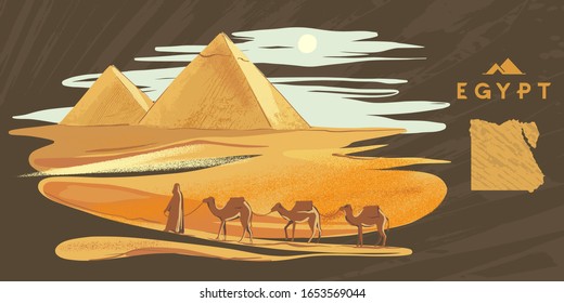 Colorful hand drawn vector illustration pyramids of Giza with camels on backdrop, Egypt hand drawn in white background. Design for the touristic agency.