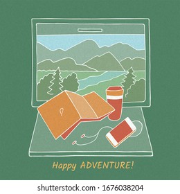 Colorida ilustración vectorial hecha a mano con textura.Ventana en el tren y la mesa con mapa, taza, smartphone, auriculares.El paisaje montañoso con árboles está fuera de la ventana. 