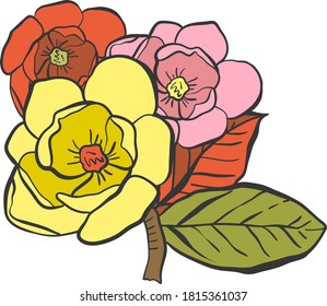 Dibujo manual colorido Vector ilustración de flores y hojas