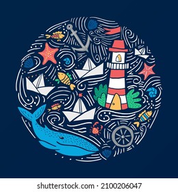 Colorful hand drawn vector illustration for prints, bags, t-shirts, cards and other designs. Round composition with nautical elements, light house and sea animals